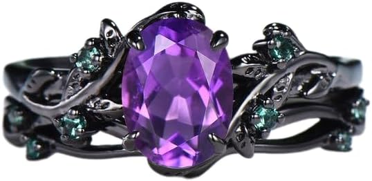 Unique black gold amethyst ring set Nature Inspired purple amethyst engagement ring cluster emerald Leaf wedding ring set for women