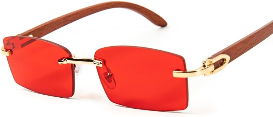 Rimless Gold Frame Vintage Designer Buffs Woodgrain Arm Red Lens Sun Glasses Unisex Hip Hop Rectangle Sunglasses For Men Women Square Retro 90s Old School Gangster Frameless Shades - Image 2