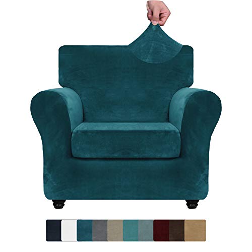 ZNSAYOTX Luxury Velvet Chair Slipcovers with Arms 2 Piece Stretch Chair Covers for Living Room Soft Armchair Slipcover Anti Slip Dog Pet Friendly Furniture Protector (Deep Teal),32″-46″(1 Cushion)