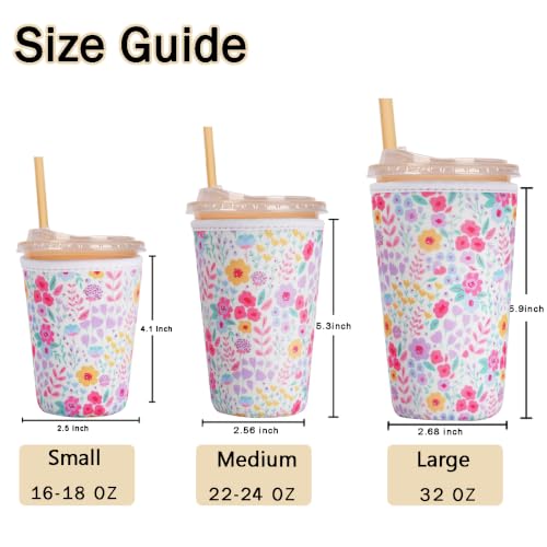 Image of Reusable Insulated Sleeve for Iced Coffee Cup, Coffee Neoprene Sleeve for Cold & Hot Drinks, Beverage Holder for Iced Coffee (Pastel Florals, Small: 16-18oz)