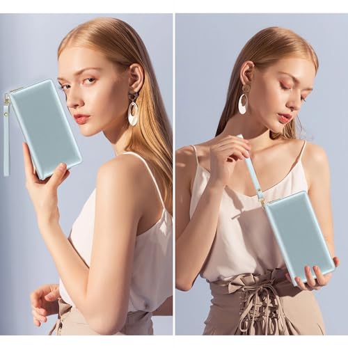 Image of Nipichsha Womens Wallet, RFID Wristlet Wallet for Women, Cute Ladies Purse, Large Credit Card Clutch Purse, Leather Card Holder Wallets with Zipper & Phone Holder, Blue