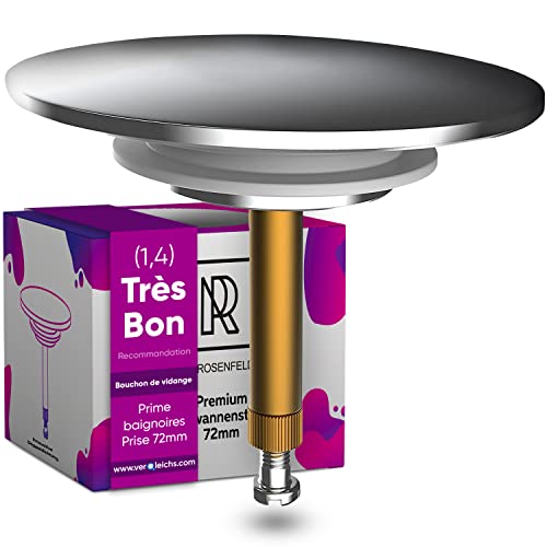 M. ROSENFELD HOME Bouchon de Baignoire 72 mm Bouchon d'Évacuation Chromé en Laiton Massif avec Joint de Rechange adapté pour Toute Baignoire Usuelle Cover