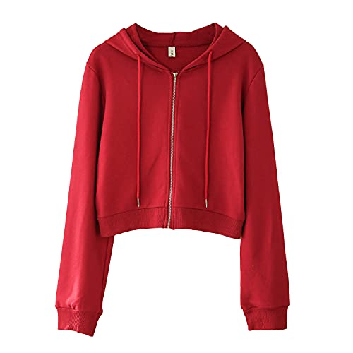 Haut court à capuche zippé en coton rouge idéal pour le sport