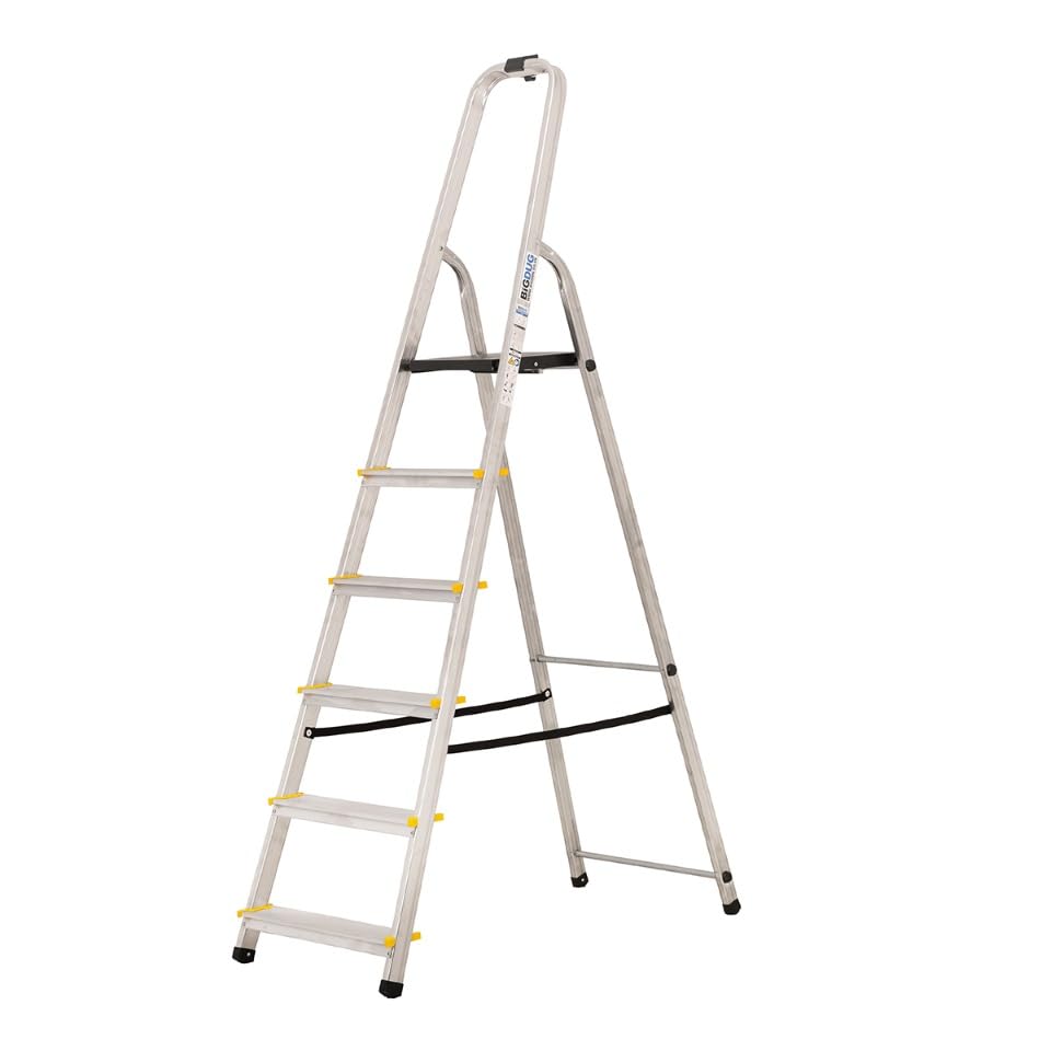 BiGDUG Aluminium Step Ladder - 6 Step Folding Ladder - Non-Slip Surface Hand Rails 6 Tread - Closed Height 1910 mm Platform Height 1190mm