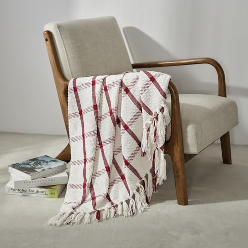 Image of CREVENT Chenille Throw Blanket Breathable Soft Warm for Sofa Bed Home Decor with Tassels (Red and White) 50 inchx60 inch