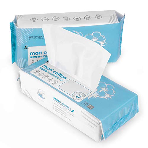 Cotton Dry Wipes Extra Thick Facial Cotton Tissues Disposable Face Cleansing Towels for Sensitive Skin Makeup Remover Cotton Pads Lint Free Ultra Soft Dry Baby Wipes (2 Packs-140 Count)