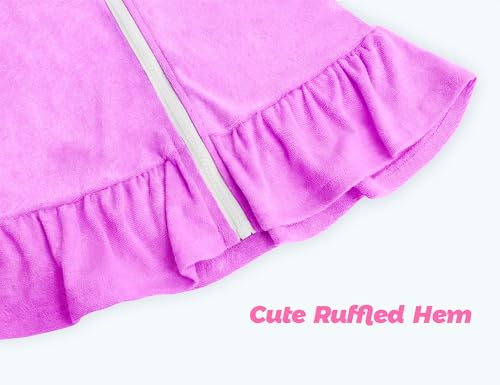 Image of Girls Swim Cover Up Multicolor Hooded Zip-Up Terry Swimsuit Ruffle Bathing Suit Kids Short Sleeve Swimwear