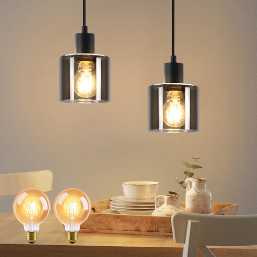 ZMH – Lot de 2 suspensions LED pour table à manger – Luminaires suspendus en verre style vintage (Culot E27, Rétro, 1 lumière) – Luminaires noirs pour...