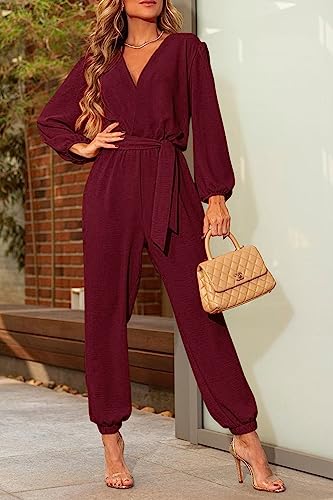 PRETTYGARDEN Women's Fall Jumpsuits Dressy Casual Pants Romper Spring Long Sleeve V Neck Belt Pockets One Piece Outfits