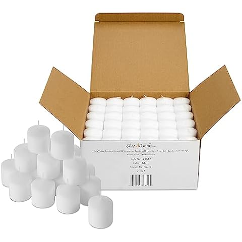 Bulk Pack of 72 White Votive Candles - Box of 72 Unscented Bulk Candles - 15 Hour Burn Time - for Weddings, Restaurants, Parties, Spa and Decorations. Cover