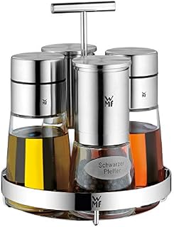 WMF De Luxe 5-częściowy zestaw do soli, pieprzu, octu, oleju, stojak z 2 dozownikami octu/oleju, młynek do soli, pieprzu, nadaje się do mycia w zmywar