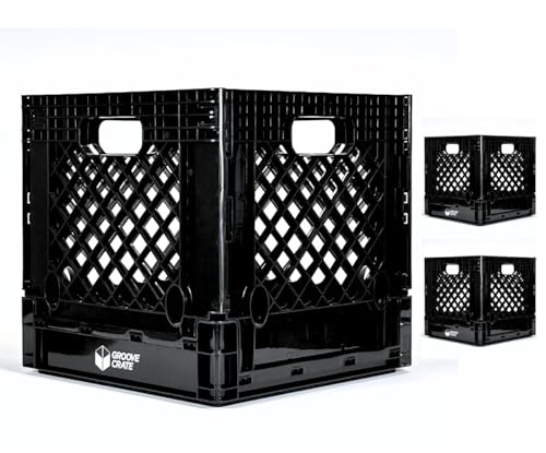3 Pack - Plastic Foldable Stackable Milk Crates for Vinyl Record LP Collecting Perfect Fit Durable - 14.5 x 14.5 x 14.125- Black