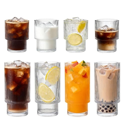 Salpae Ribbed Drinking Glasses Set of 8, Stackable Glass Cups with 4 Tall 16 oz Highball Glasses and 4 Short 7 oz Tumblers for Iced Coffee, Water, Cocktails and Whiskey by Salpae - Used condition - US$30.26