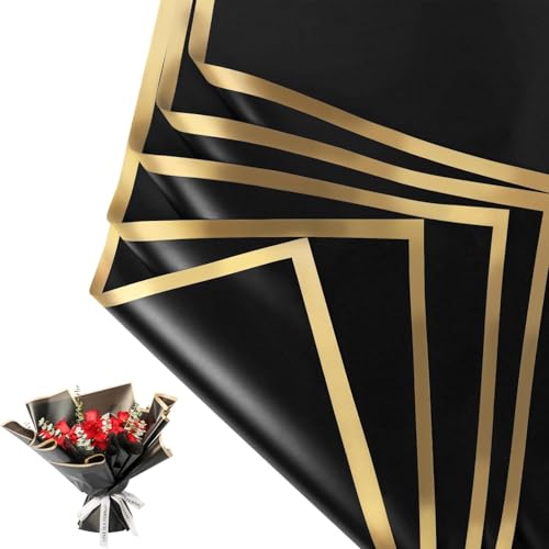 Image of Waterproof Plain Golden Border Gift Wrapping Paper Sheet |Korean Bouquet Wrapping| Sheets, Arts & Crafts And Diy To Wrap Christmas Gifts (5 Sheet) (Black)