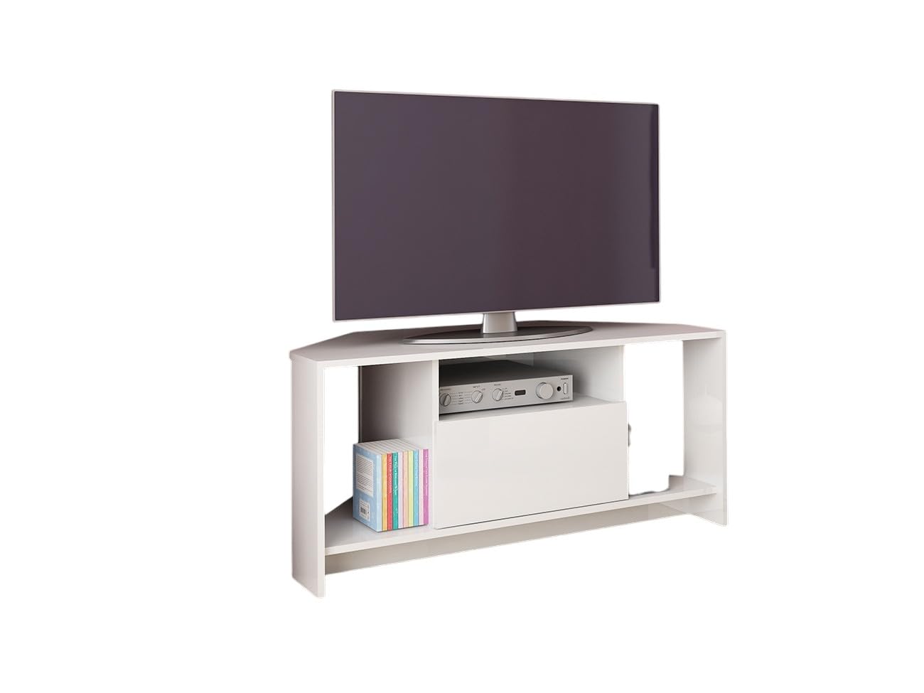 ARREDO DA CASA Mobile Porta TV Angolare Bianco Lucido, Design Moderno, 3 Vani a Giorno e Anta, Soggiorno Rovere Sbiancato e Chiaro/Grigio PTG3