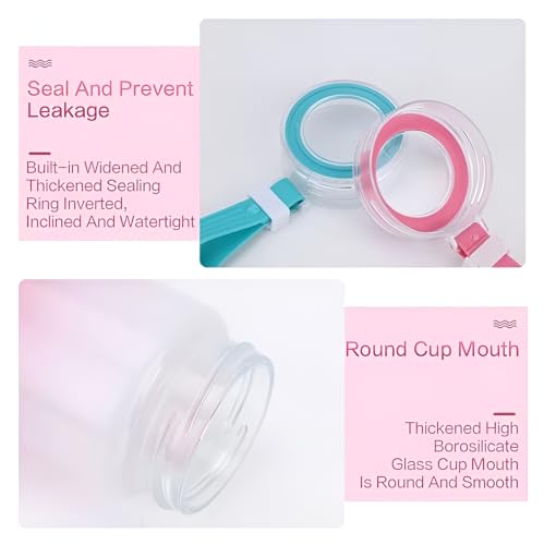 Image of Set of 2, 400 ml Each Glass water bottle, with Leak-Proof Airtight Plastic Lid for Water, Smoothie, Juices - Reusable Glass Food Grade Airtight Travel Drinking Fridge Bottles (White + Pink)