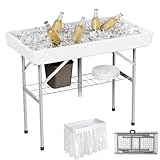 Allpop 4 Foot Folding Ice Cooler Table with Matching Skirt, Portable Patio Table with Grid Rack & Drain Hose for Party Bar Picnic BBQ Camping Wedding, White
