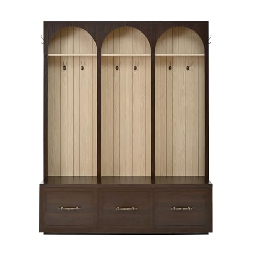 Image of Ball & Cast Farmhouse Hall Tree with Bench, 59 inch Entryway Storage Bench with Arched Design, 8 Metal Hooks, 3 Drawers Shoe Organizer, Wooden Style Coat Rack for Living Room, Dark Walnut