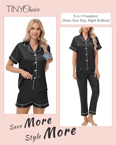 3 Piece Silk Satin Pajama Set for Women Soft Short Sleeve Button Down Pjs with Shorts Long Pants Sleepwear S-XXXL3