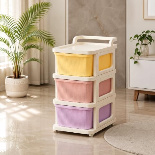 Image of Heavy Duty Plastic Storage Drawer with Wheels | Modular Cabinet for Bedroom, Office, Home or Classroom| Chest of Drawers Organiser for Cosmetics, Kitchen items, Toys (Multicolor, 3)