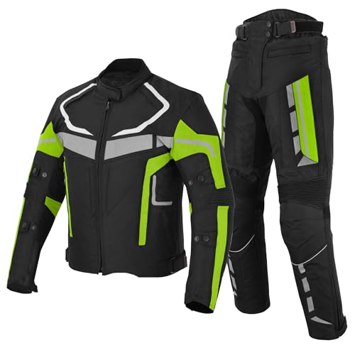 TSM-MOTO Traje de moto para hombre, chaqueta de moto impermeable y cortavientos con pantalones y guantes, traje de moto con armadura desmontable y protección (Verde, 2XL)