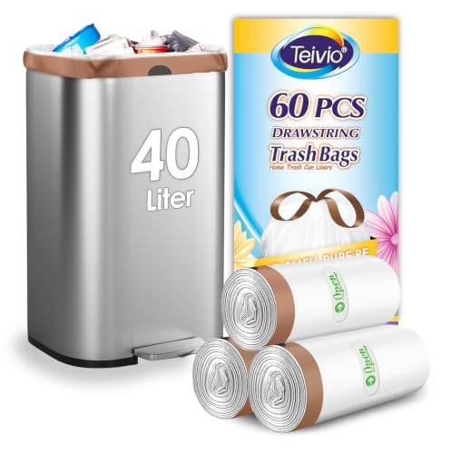 Teivio 40 Liter Bin Liners with Tie Tap 60 Counts Strong Swing Bin Bags with Drawstring Handle 10-13 Gallon Waste Bin Bags for Home Office Kitchen Bathroom Bedroom White Rubbish Bags