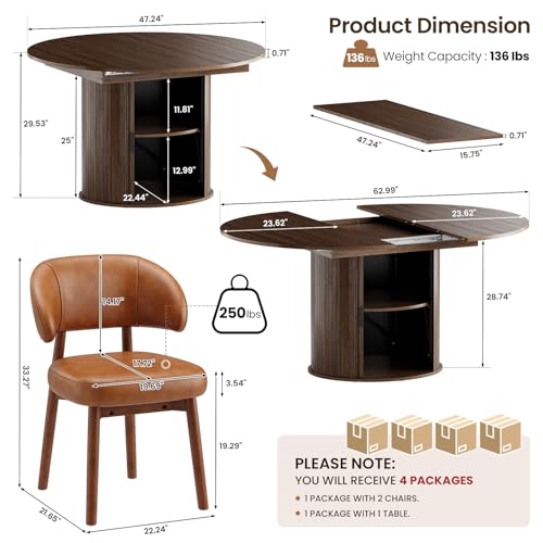 Image of MALOL 47 inch-63 inch Extendable Round to Oval Dining Room Table Chairs Set for 4-8, Modern Wooden Kitchen Table and Chairs with Hidden Storage and Fluted Design for Dining Room /Small Space(Walnut and Brown)