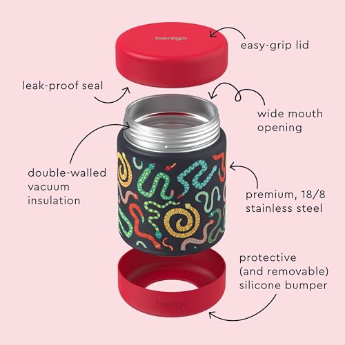 Image of Bentgo Kids Stainless Steel Leak-Proof Food Jar for Hot or Cold Food | 11 fl oz Double Insulated Container with Removable Silicone Bumper, Dishwasher Safe, Easy Open Lid, Ages 3+ (Sssnakes)