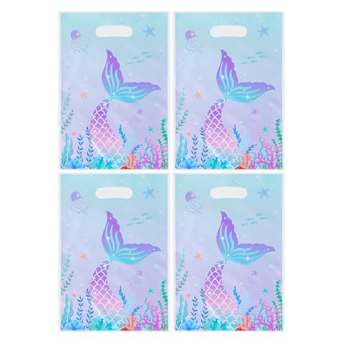 Agaommio 40PCS Mermaid Party Favor Bags Christmas Gift Bag Under the Sea Plastic Gift Bag Goodie Bags Mermaid Tail Treat Bag with Handles for Girls Kids Birthday Party Supplies 6.3