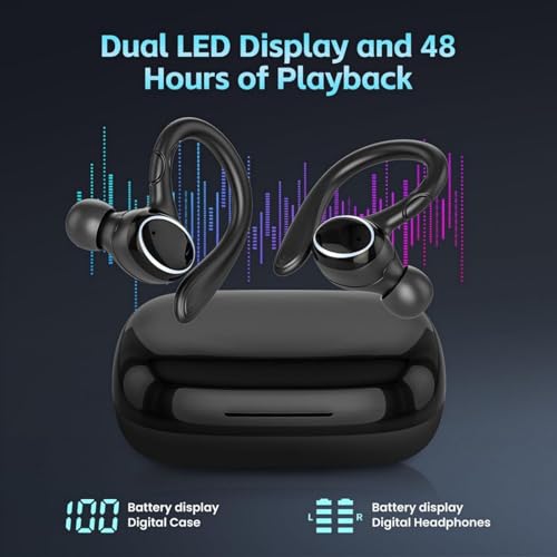 Image of Wireless Earbuds Bluetooth 5.3 Headphones Stereo Ear Buds, ENC Noise Cancelling Mic,IPX7 Waterproof Earphones with Hook for Android iOS Smart Phone Laptop Computer Sports - Black