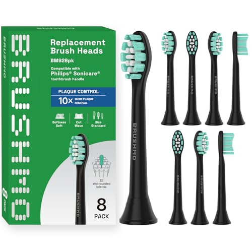 Brushmo Plaque Control Replacement Toothbrush Heads Compatible with Philips Sonicare Click-on Electric Toothbrush Handles 8 Standard Replacement Heads SoftDuPont Bristles BM928bk Black
