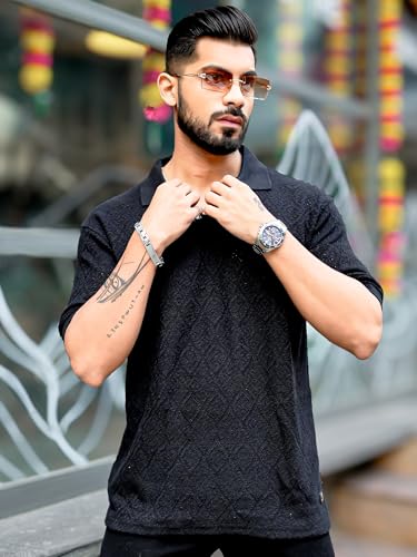 Image of Maniac || Mens || Solid Textured || Polo Neck || 3 /4th Sleeve || Cotton || Oversized Polo T-Shirt