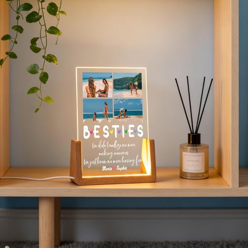 Image of Friendship Day Custom Photo Collage LED Lamp, Personalised Acrylic Night Light for Best Friends, Warm White, Wooden Base, Touch Control, Modern Style (Bestie 1)