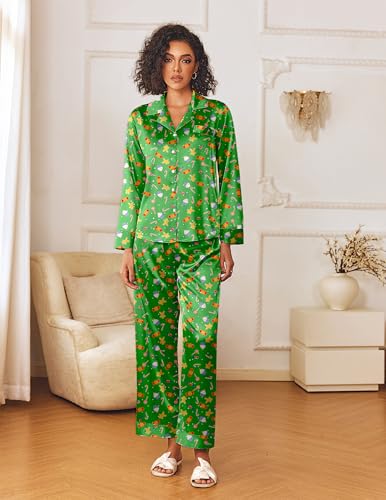 Image of Ekouaer Womens Silk Satin Pajama Sets 2 Piece Sleepwear Pjs Set Long Sleeve Button Down Top and Pants Stripe Loungewear S-XXL
