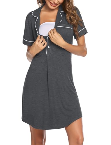 Image of Ekouaer Women's Nightgown Button Down Nightshirt V Neck Sleepshirt Short Sleeve Sleepwear Soft Pajama Dress