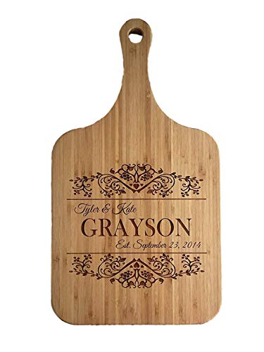 Personalized Engraved Cutting Board (Grayson Design) with Handle Housewarming and Wedding Gift for Kitchen (10 x 18 Bamboo Paddle Shaped)