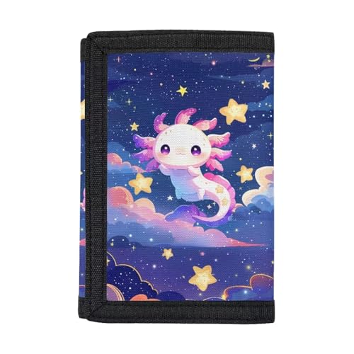 Dolyues Axolotl Kids Wallet for Girls Cute Trifold Canvas Outdoor Wallet for Kids Pink Wallet with Magic Sticker Design for Little Girls Gift