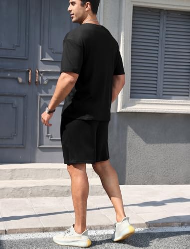 Vssjavun Mens Short Sets 2 Pieces Outfits Waffle Knit Lounge Set Short Sleeve Summer Casual Tracksuit