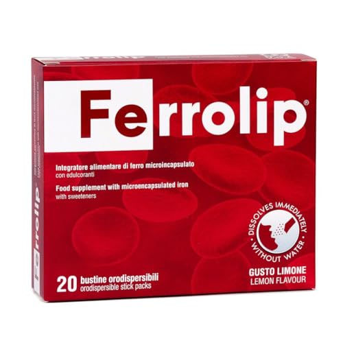 Ferrolip Integratore Ferro (20 Bustine Orosolubili al Limone) - Senza Fastidi Gastrointestinali - Privo di Sapore Metallico - Vegan e Senza Glutine