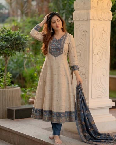 Image of ANNI Designer Kurta Sets for Women Viscose Printed | Kurta Pant Dupatta Set | A-Line Kurti Set for Women | Round Neck 3 /4 Sleeve Ethnic Suit | Designer Indian Kurti Outfit with Pants