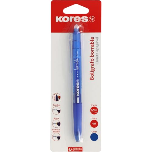 Kores - Caneta Esferográfica Borrável Azul BG5, Tinta Gel, Ponta 0,7mm, Retrátil, Grip Ergonômico, Não Mancha, Não Danifica Papel, Não Deixa Resíduos de Borracha, Perfeito para Material Escolar e de