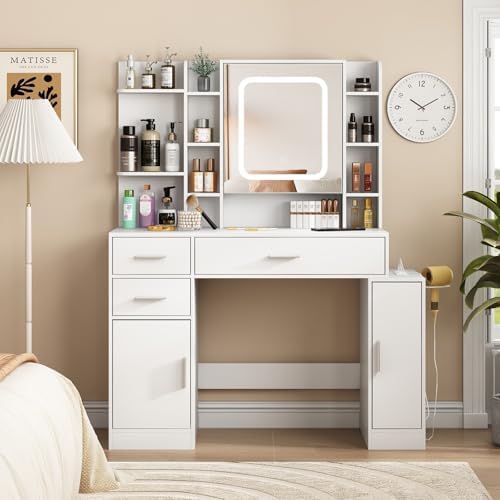 Fameill Makeup Vanity Desk with Mirror and Lights, White