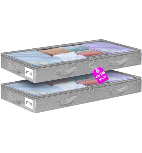 Image of punemi 4 inch High Soft Low Profile Under Bed Storage Bins, 2 Pack, Grey