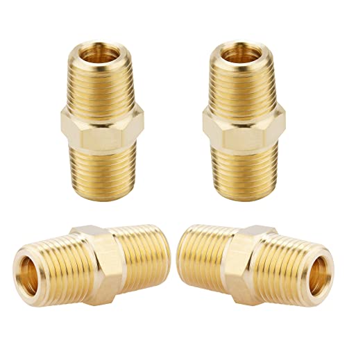 KOOTANS 1/8 NPT x 1/8 NPT Male Solid Brass Hex Nipples, Heavy Brass Pipe Adapter Fittings Equal Nipples Connectors 4Pieces