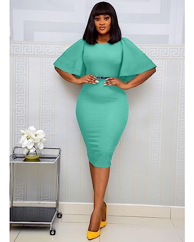 Image of Memoriesea Women's Basic Bodycon Ruffle Flared Short Sleeve Pencil Midi Dress