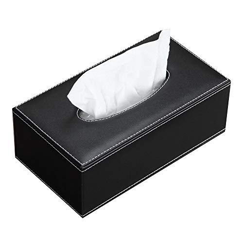 YAPISHI Leather Tissue Box Cover Black Rectangular Facial Tissue Box Holder, Modern Napkin Storage Caddy with Magnetic Bottom, Pumping Paper Dispenser Case for House Bathroom Office Car Living Room