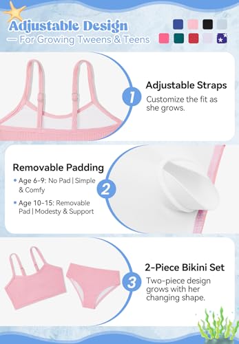 Image of Zando 2 Piece Ribbed Swimsuits for Teen Girls Kids Size 6-15 Years High Waisted Solid Cute Bikini for Summer Beach Wear