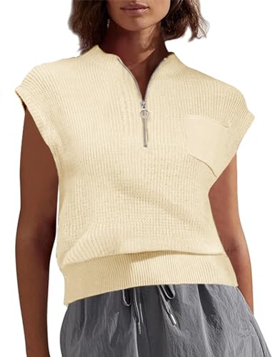Women Sleeveless Knit Zip Sweater Vest Loose Fit Mock Neck Casual Tank Top with Front Pocket
