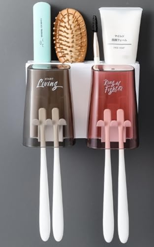 Ohget 歯ブラシスタンド マグネット式 歯磨きコップホルダー 収納ラック 壁掛け 洗面台用 多機能バスルーム収納ケース 家族用 (4) (2)