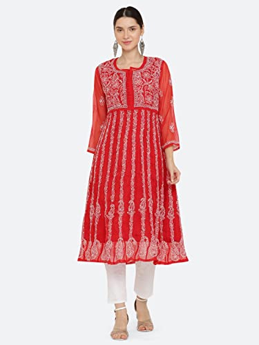 Image of FAWOMENT Women's Georgette Yok Anarkali Kurta with Intricate Lucknowi Chikankari Fine Hand Crafted Embroidery